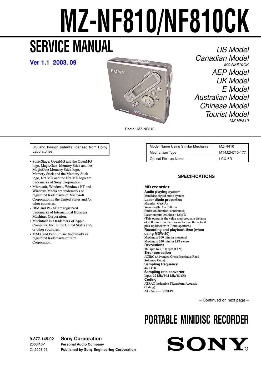 sony mz nf 810 service manual