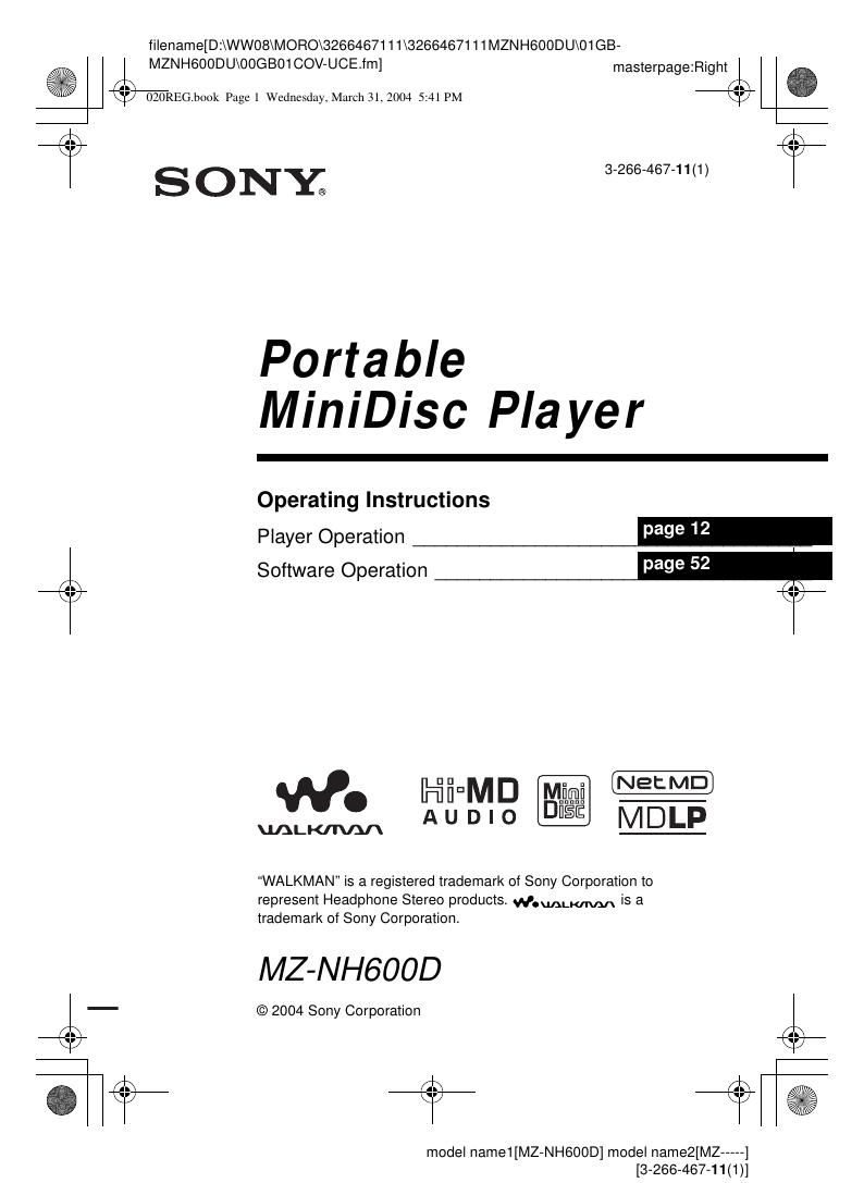 sony mz nh 600 d owners manual