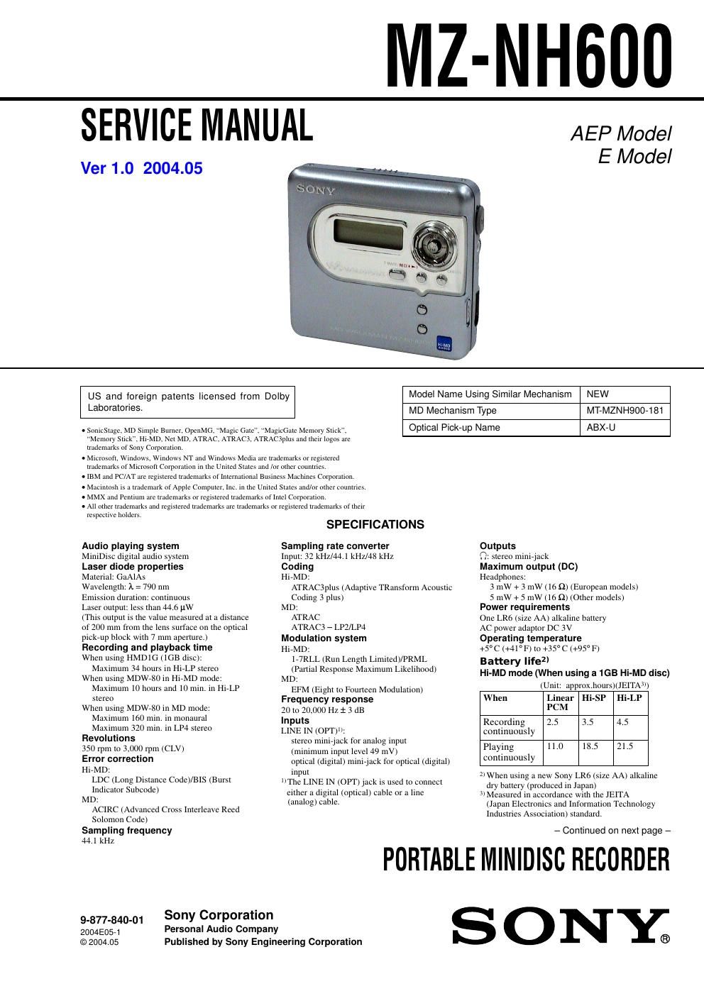 sony mz nh 600 service manual