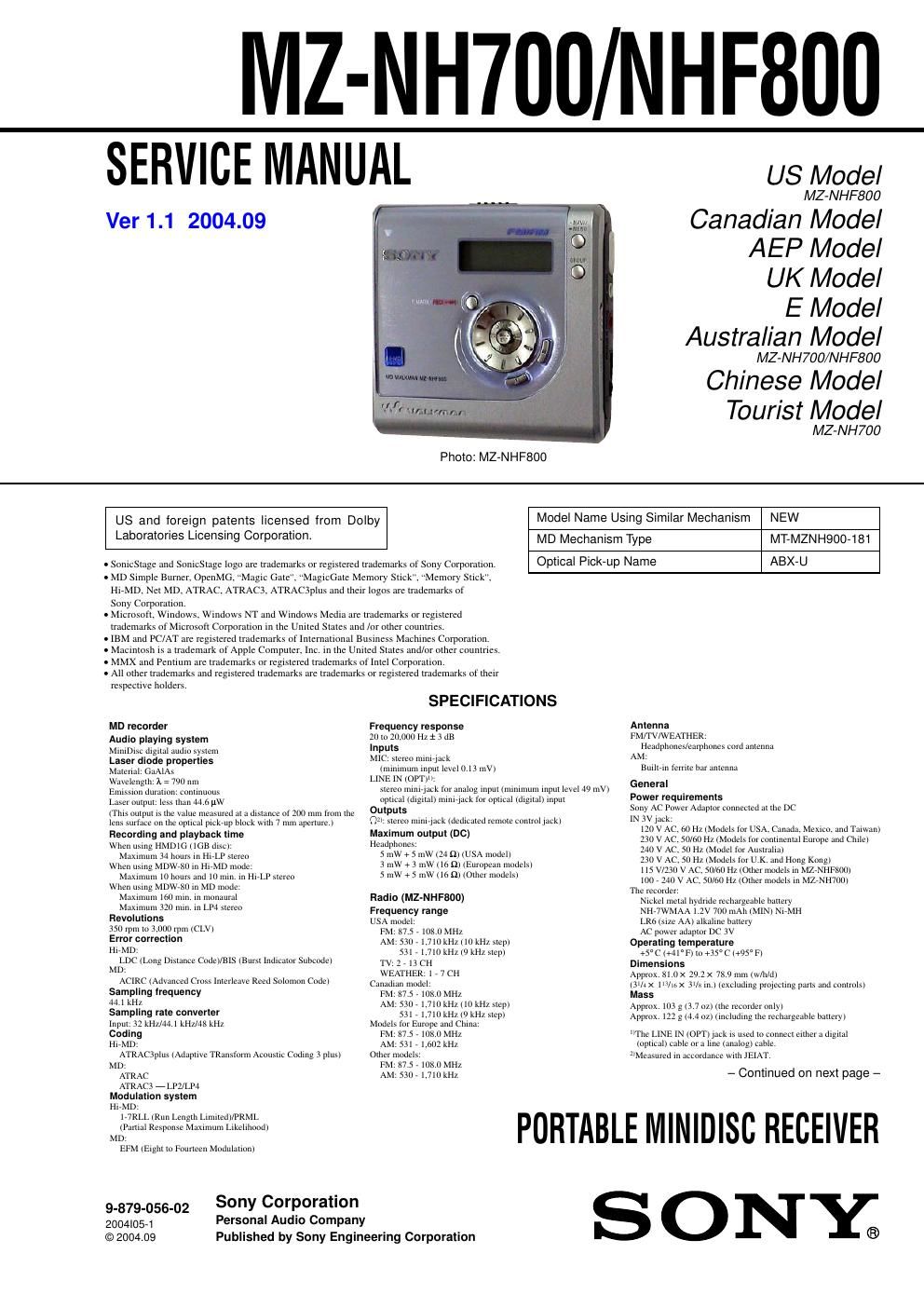 sony mz nh 700 service manual