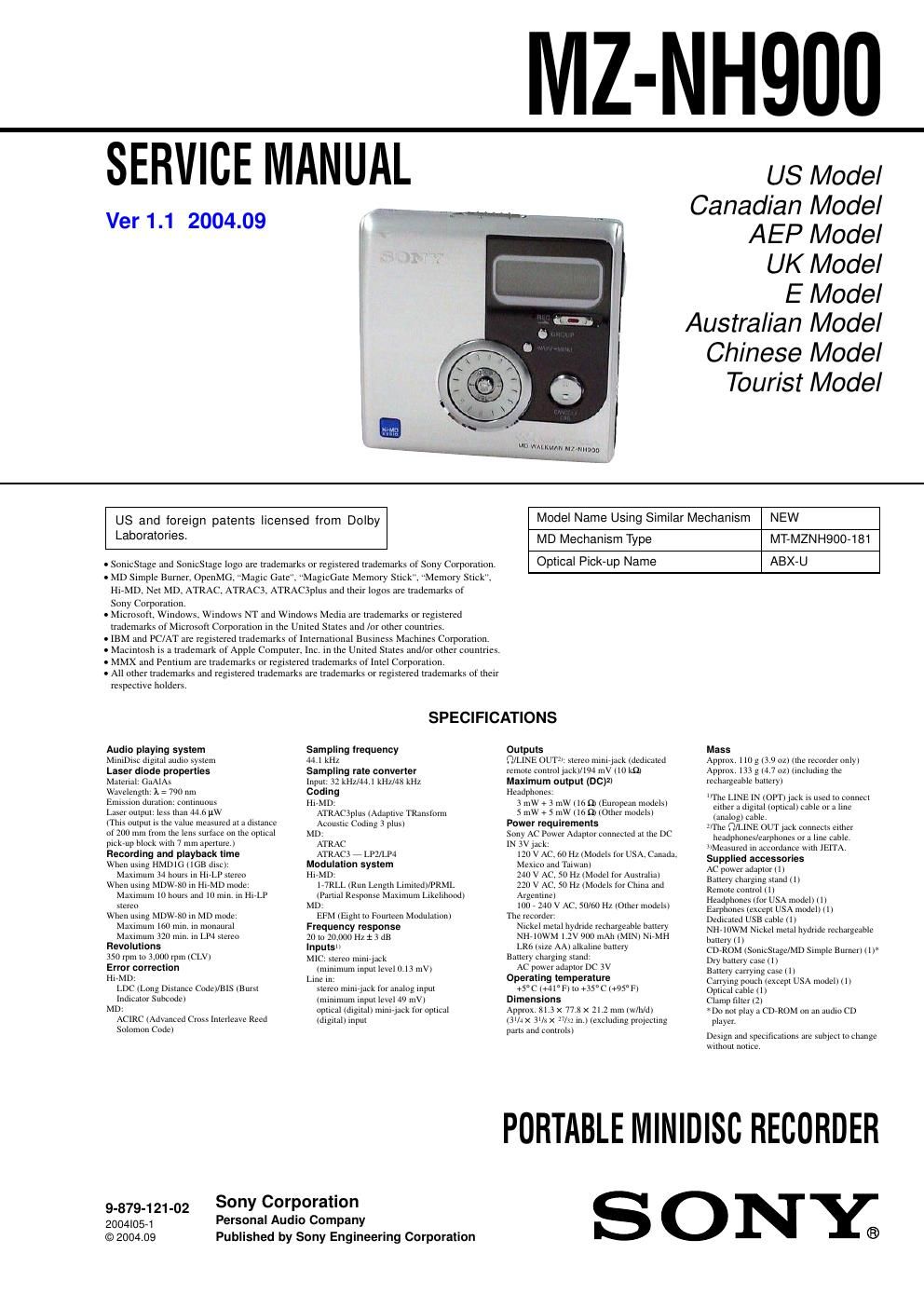 sony mz nh 900 service manual