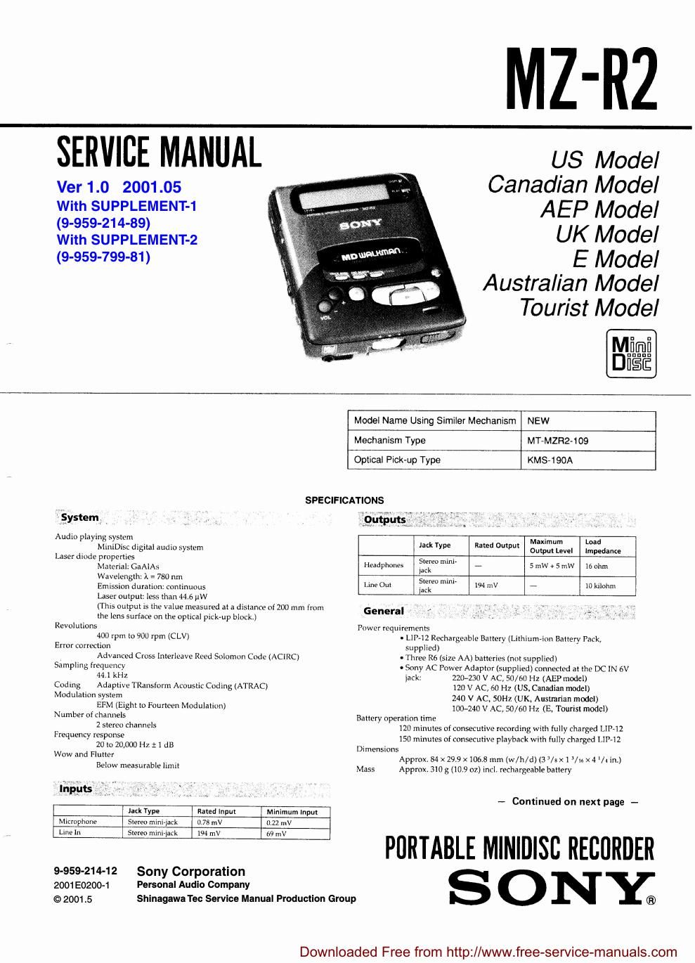 sony mz r 2 service manual
