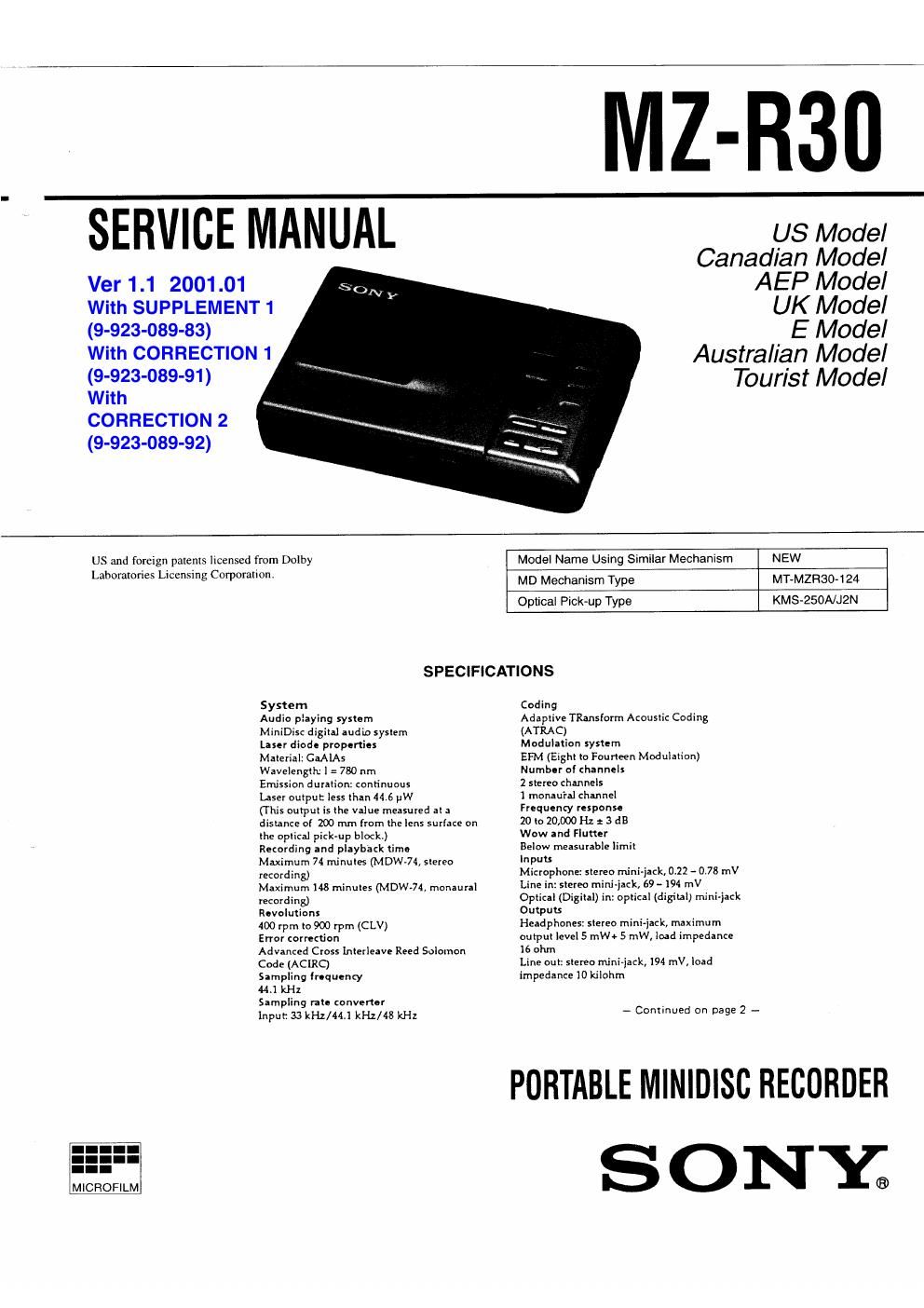 sony mz r 30 service manual