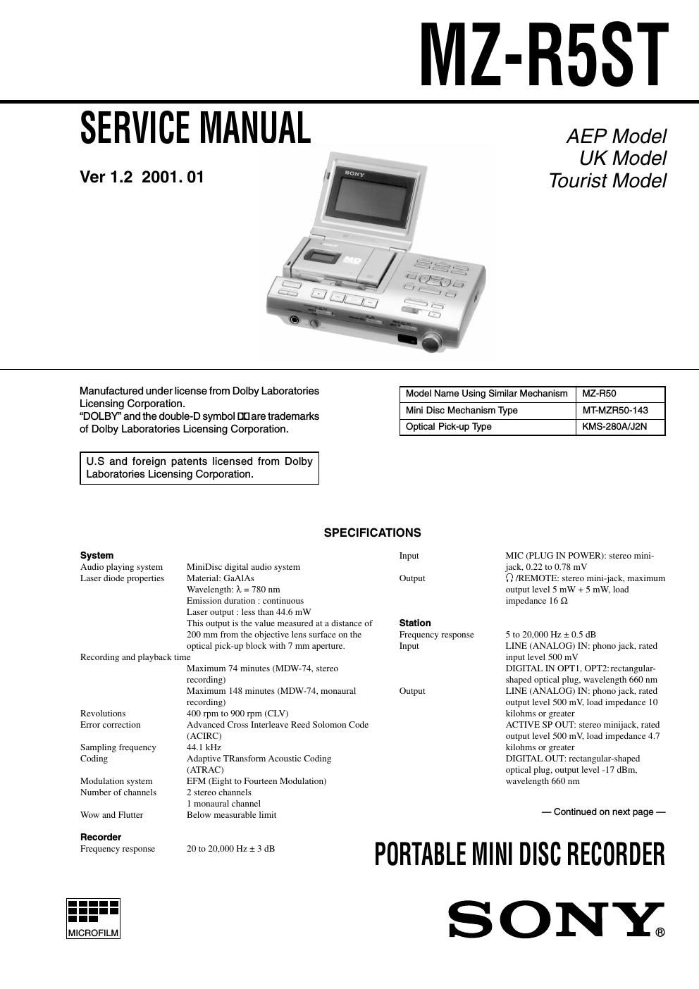 sony mz r 5 st service manual