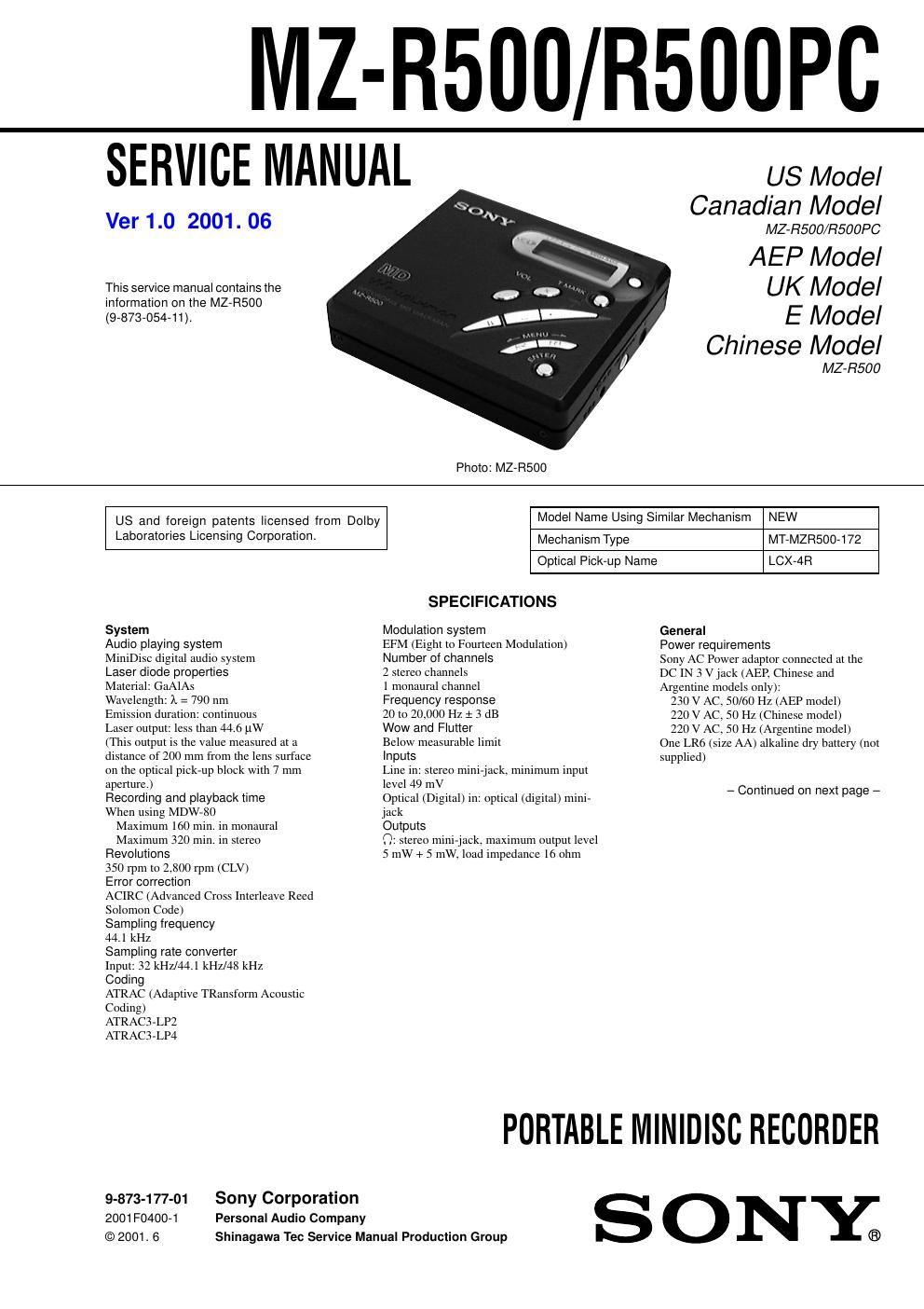 sony mz r 500 pc service manual