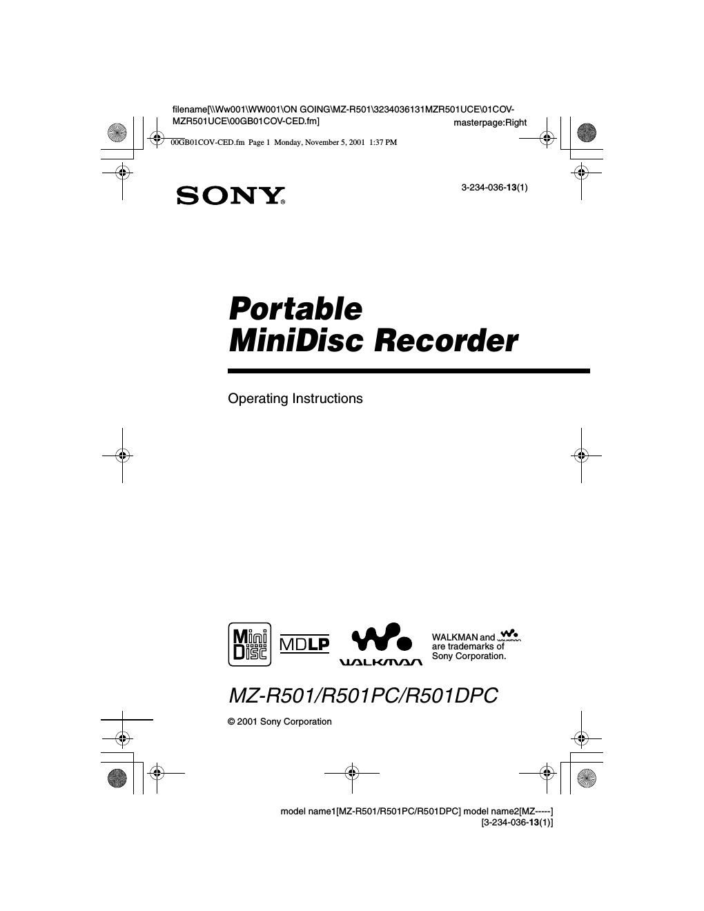 sony mz r 501 owners manual