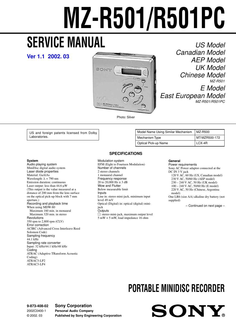 sony mz r 501 service manual