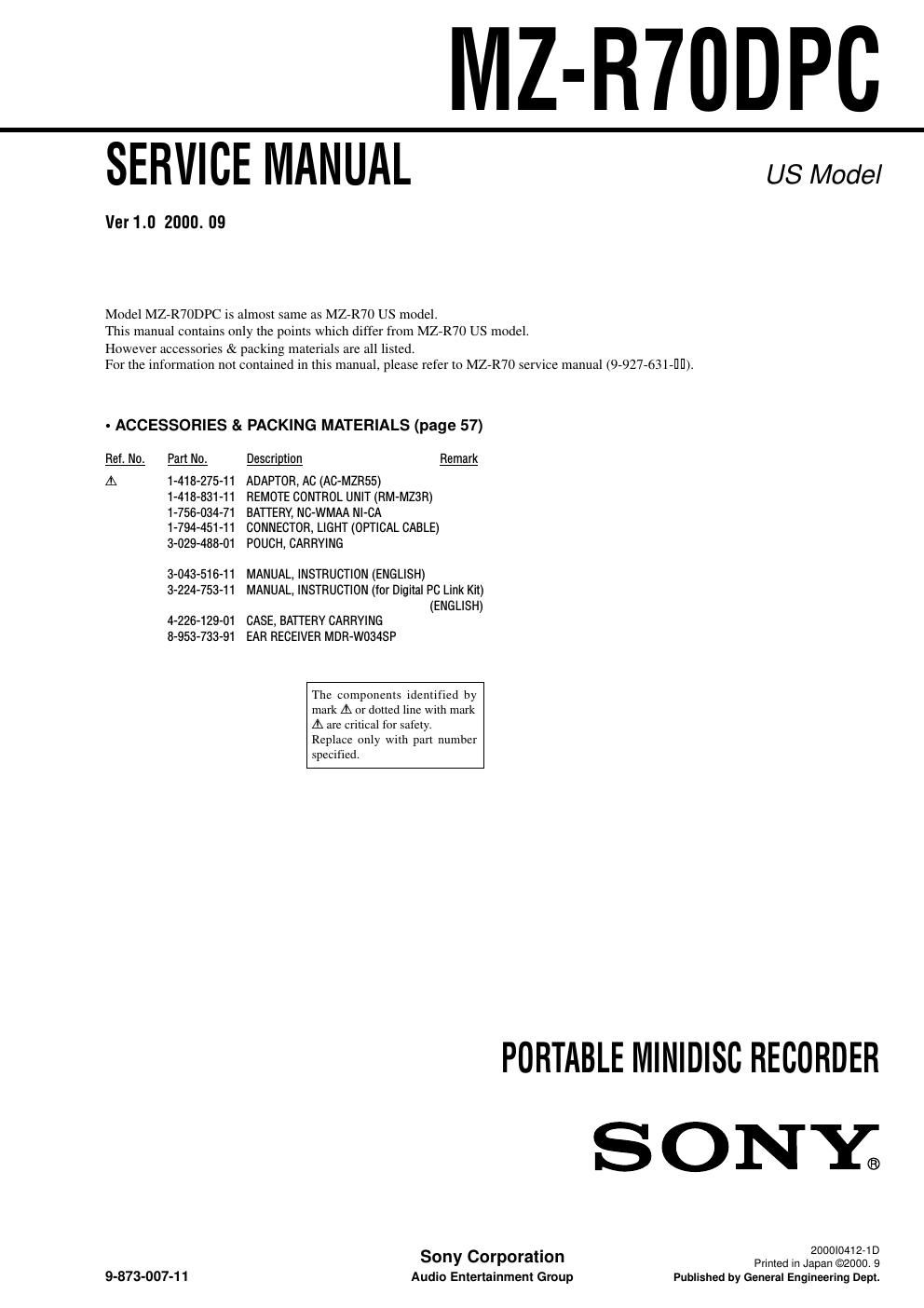 sony mz r 70 dpc service manual