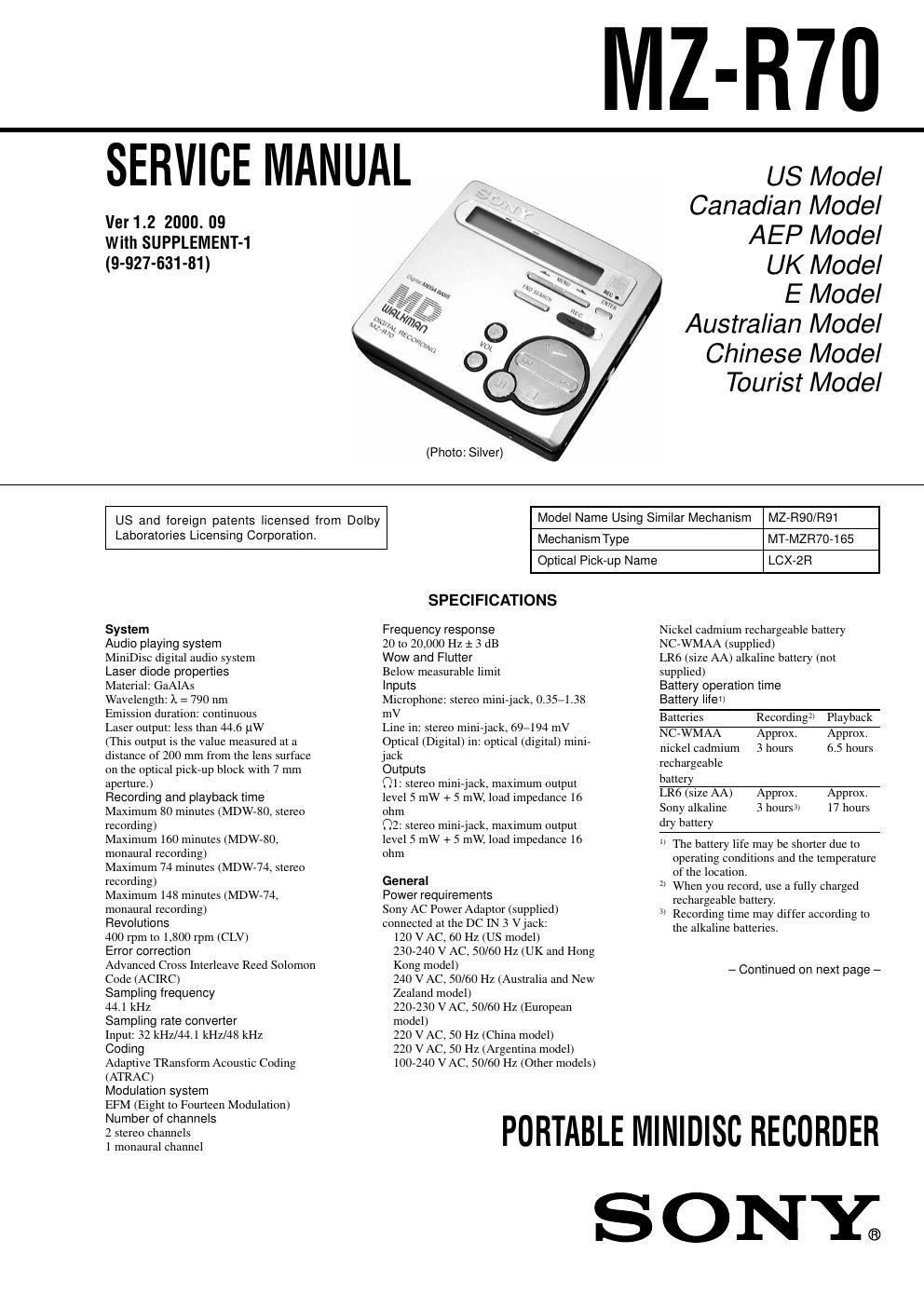 sony mz r 70 service manual