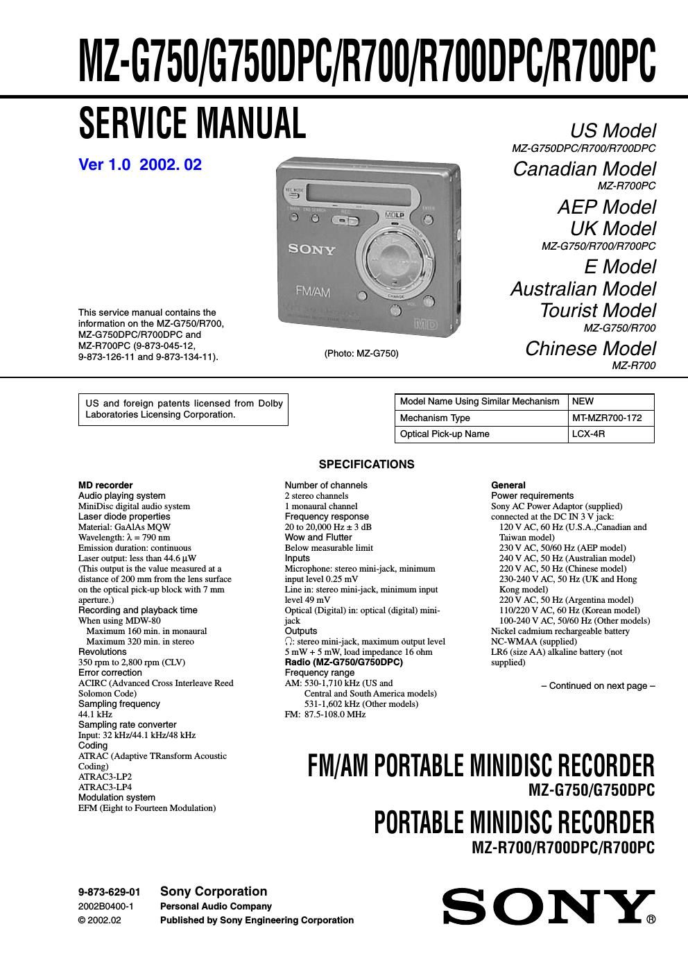 sony mz r 700 pc service manual