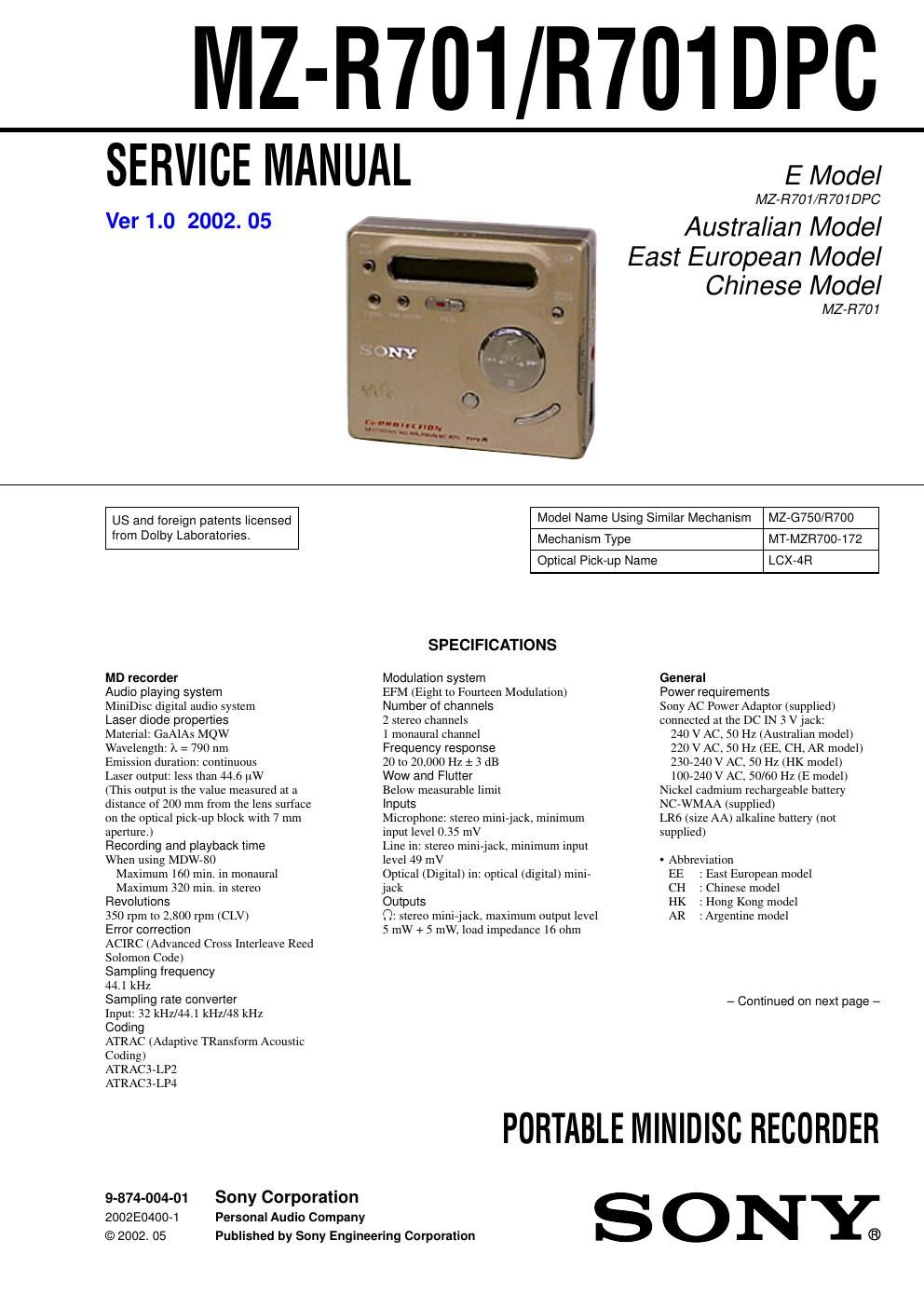 sony mz r 701 service manual