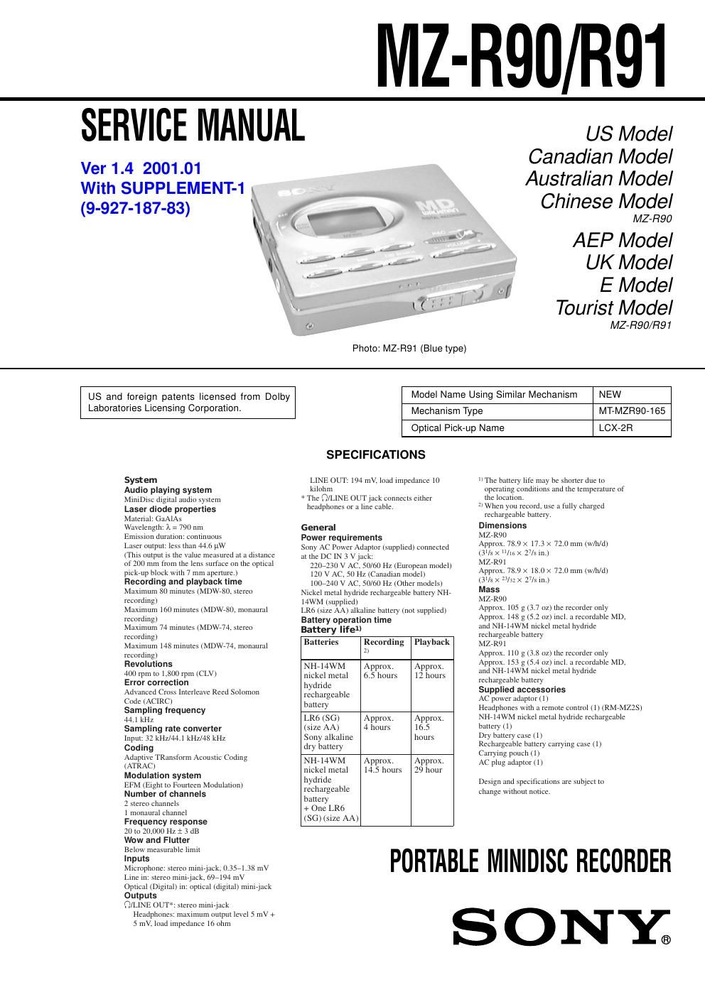 sony mz r 90 service manual