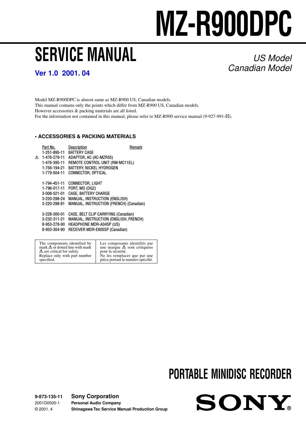 sony mz r 900 dpc service manual