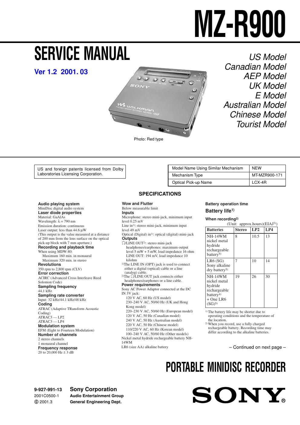 sony mz r 900 service manual