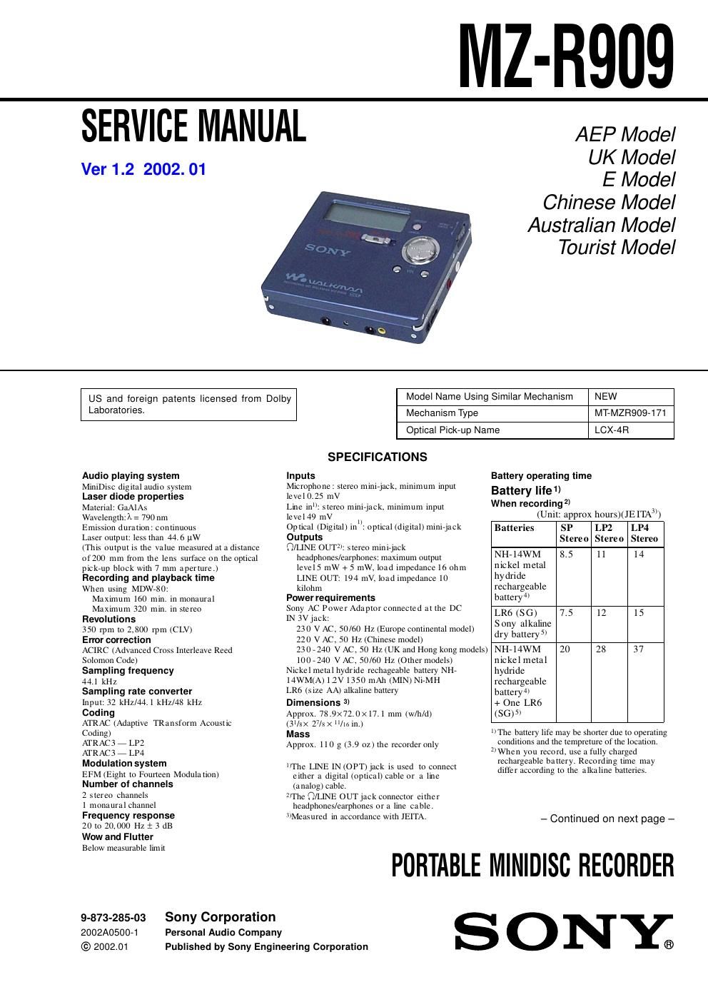 sony mz r 909 service manual