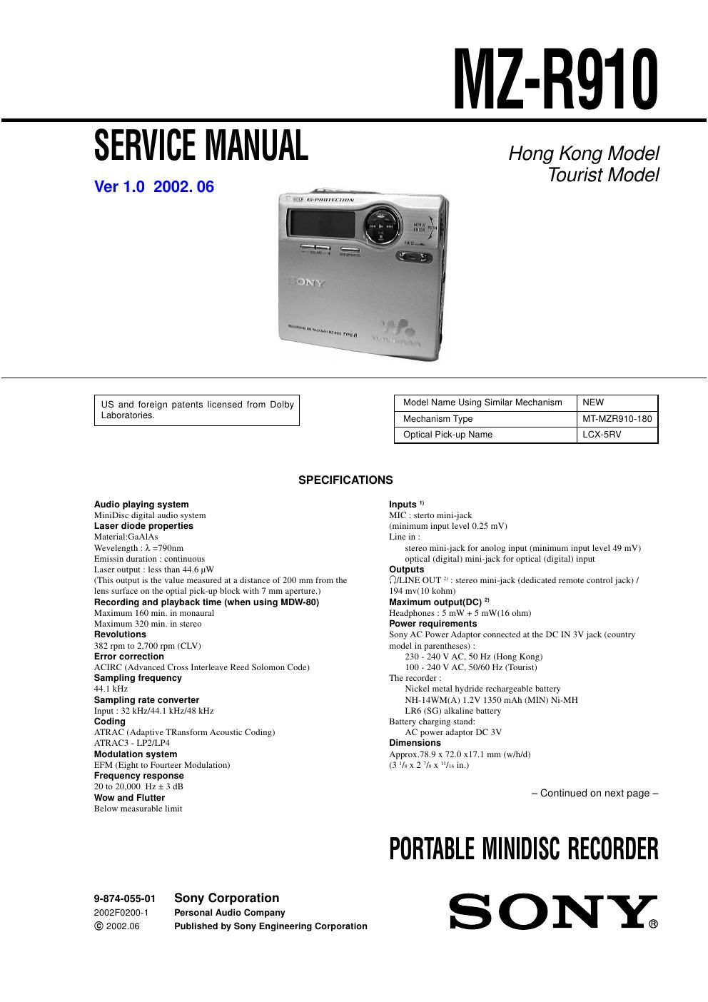 sony mz r 910 service manual