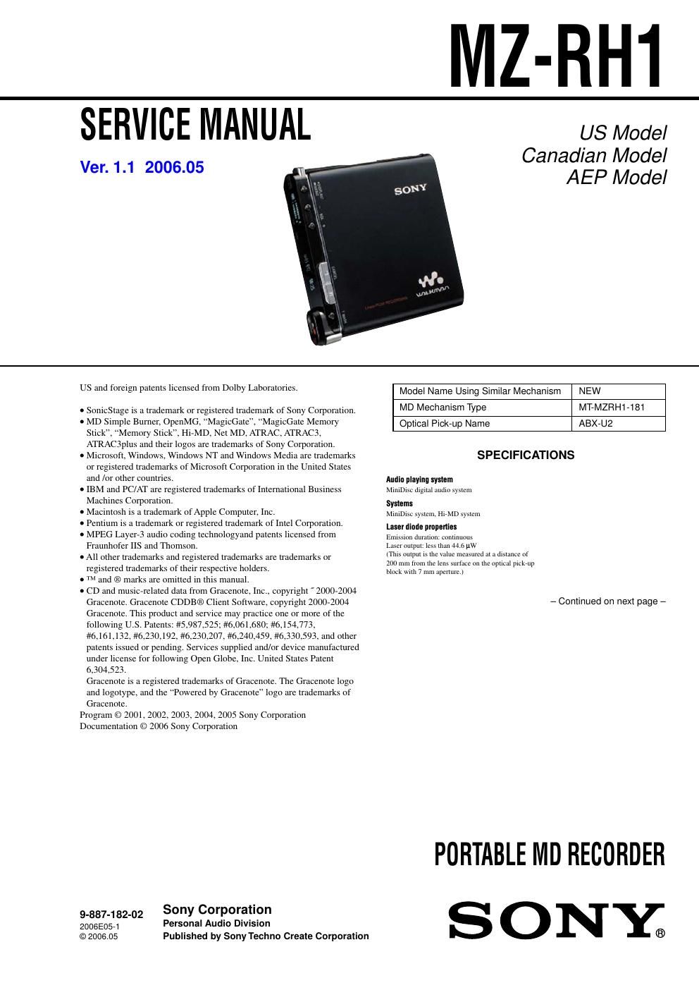 sony mz rh 1 service manual