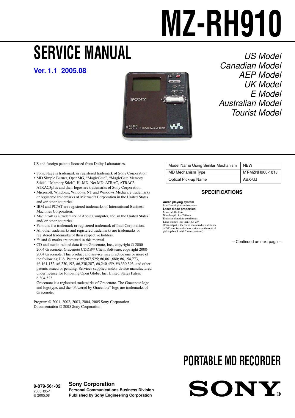 sony mz rh 910 service manual