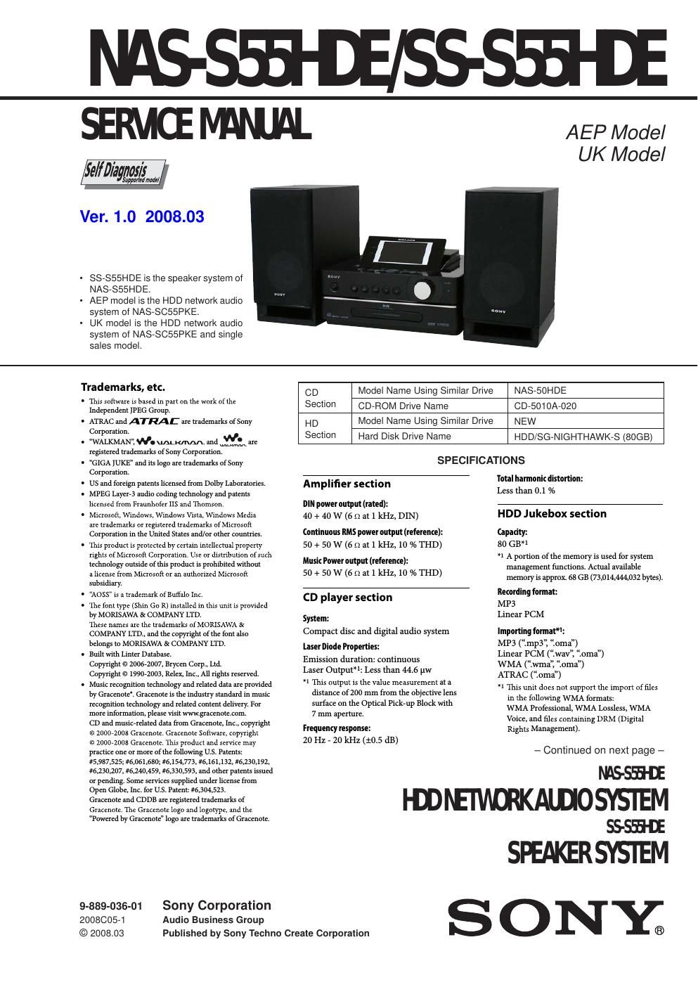 sony nas s 55 hde service manual