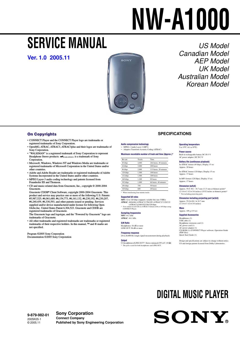 sony nw a 1000 service manual