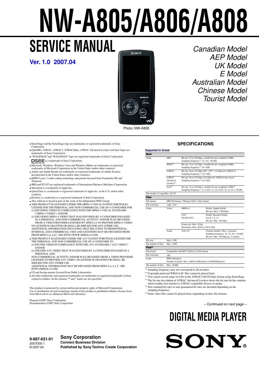 sony nw a 805 service manual