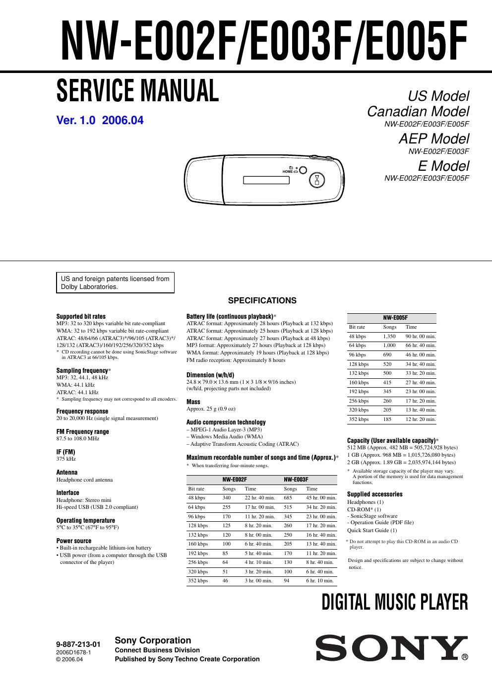 sony nw e 002 f service manual