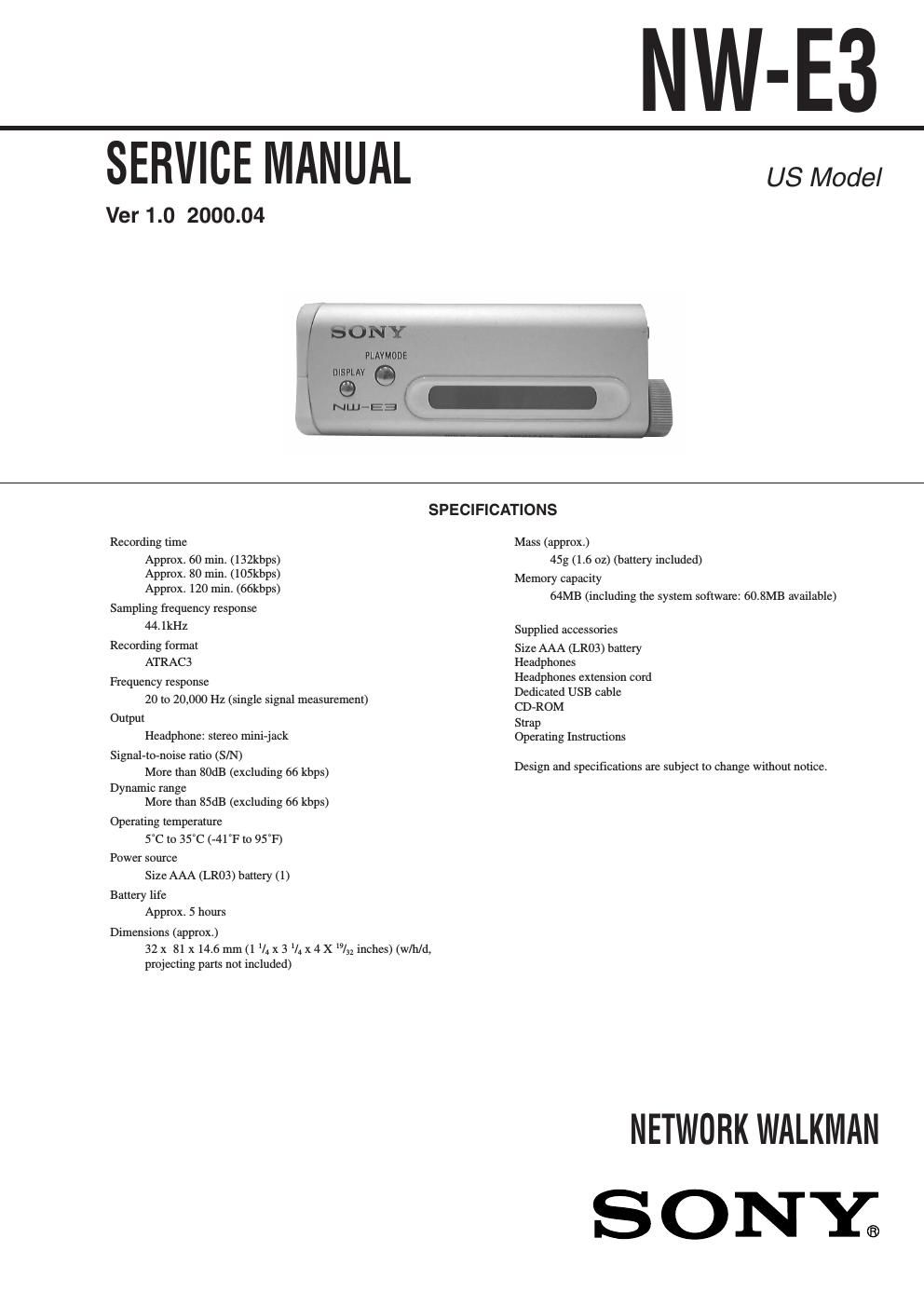 sony nw e 3 service manual