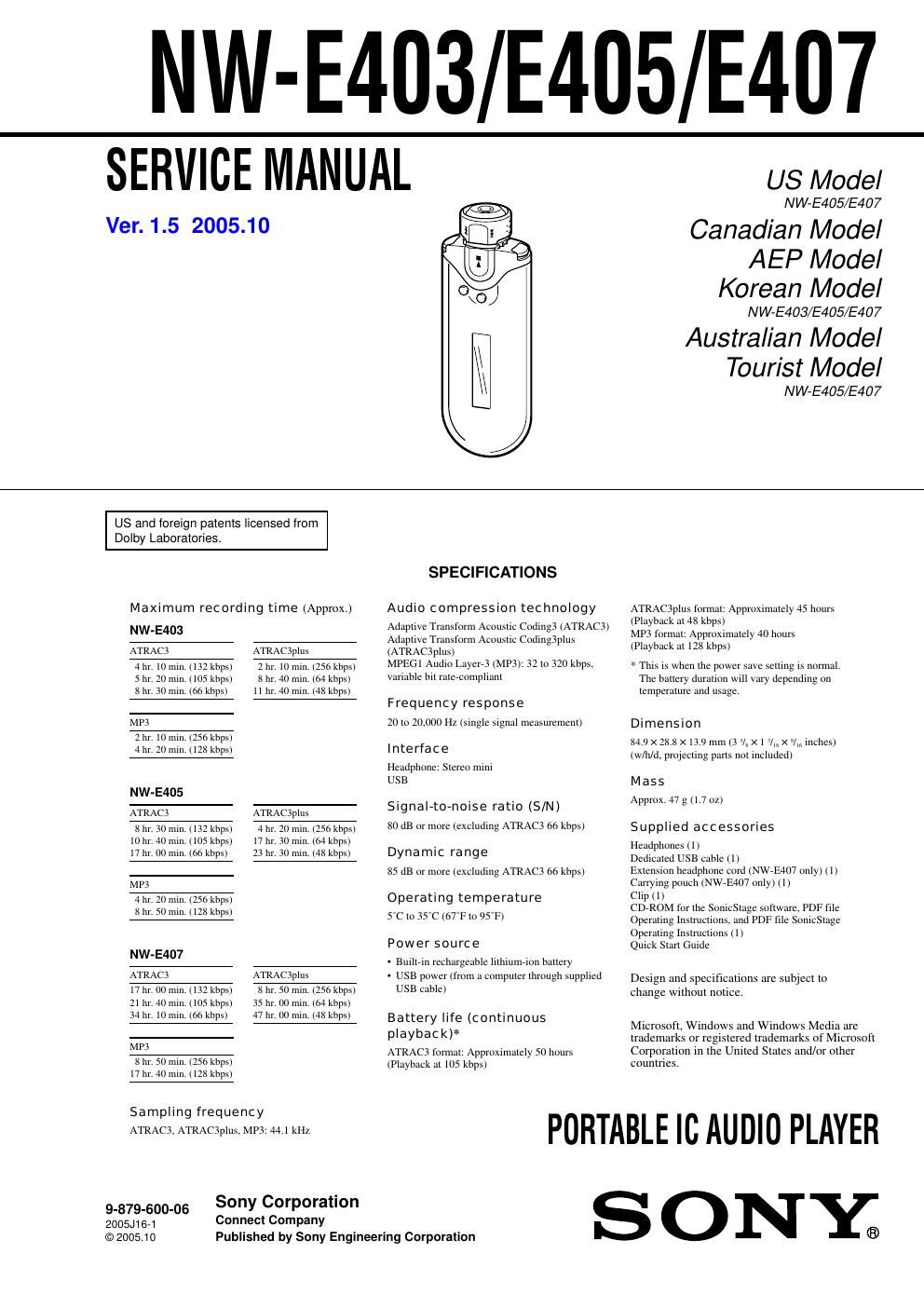 sony nw e 403 service manual