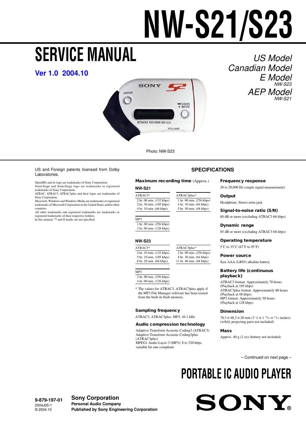 sony nw s 21 service manual