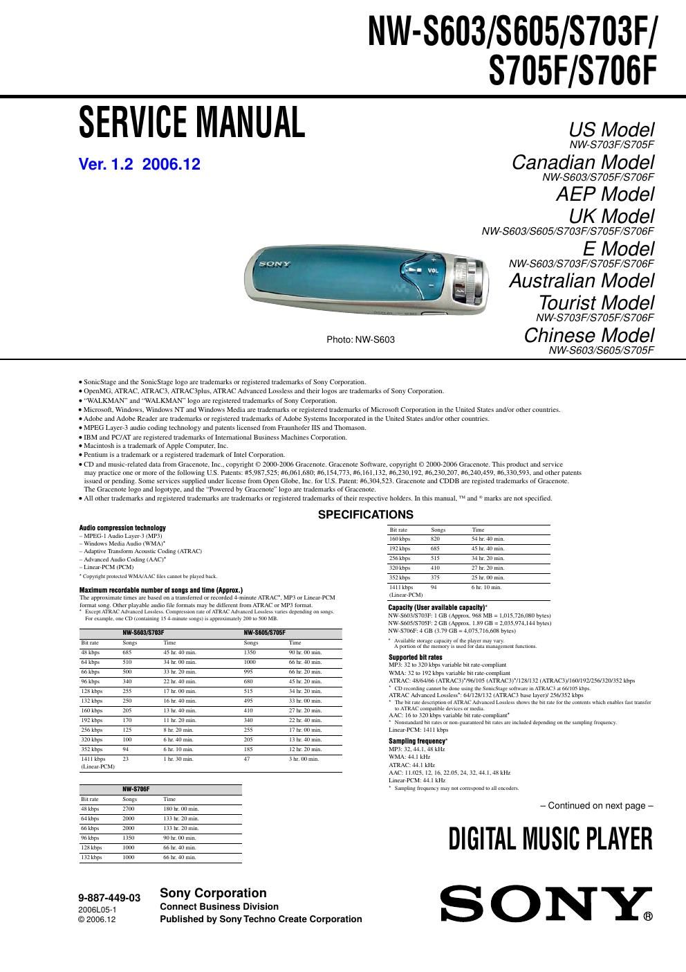 sony nw s 603 service manual