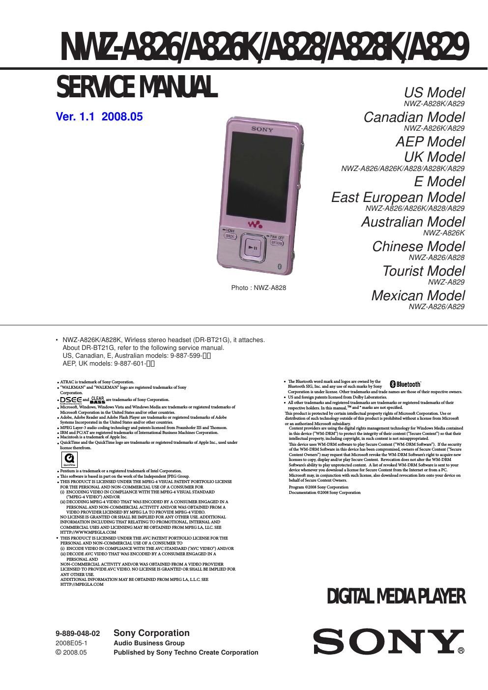 sony nwz a 826 service manual