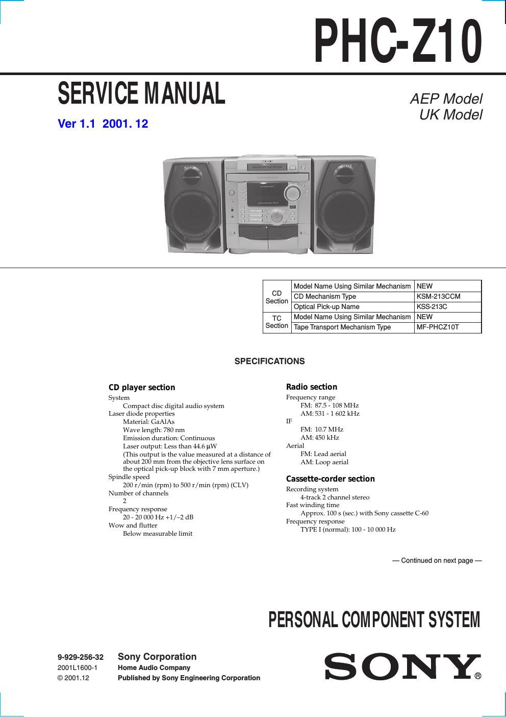 sony phcz 10 service manual