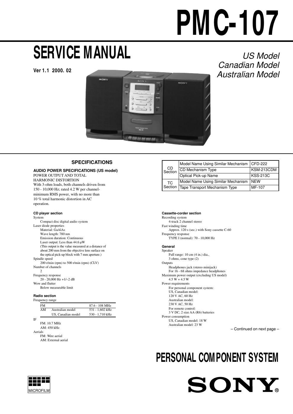 sony pmc 107 service manual