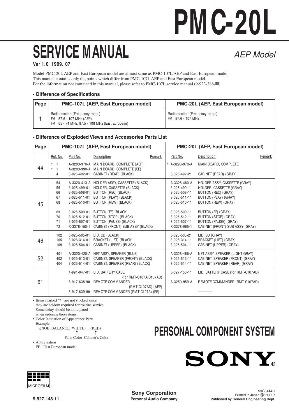 sony pmc 20 l service manual