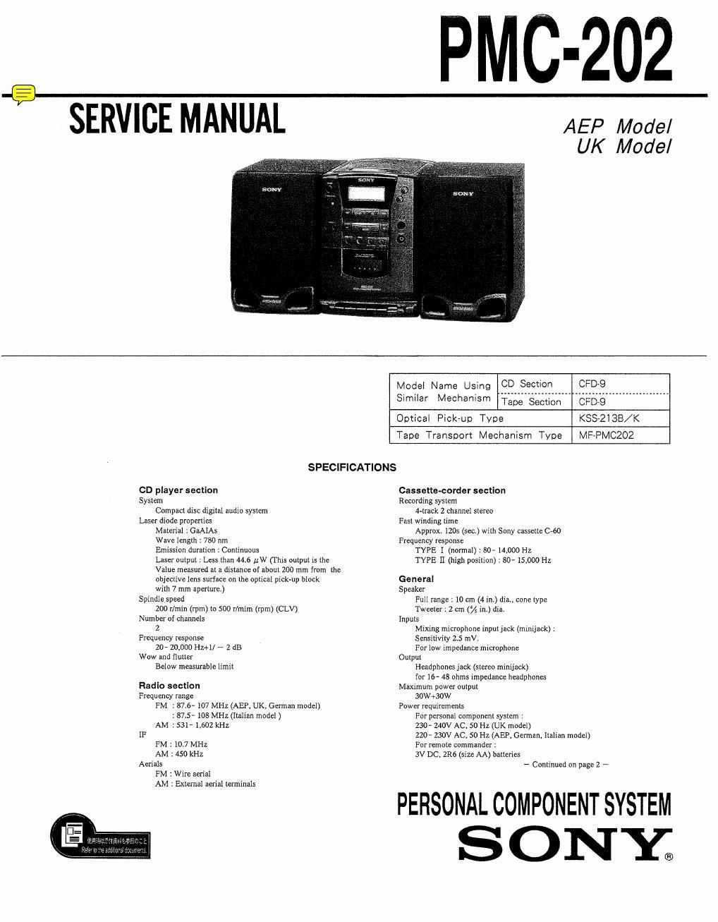 sony pmc 202 service manual
