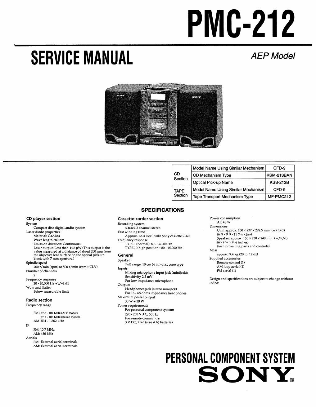 sony pmc 212 service manual