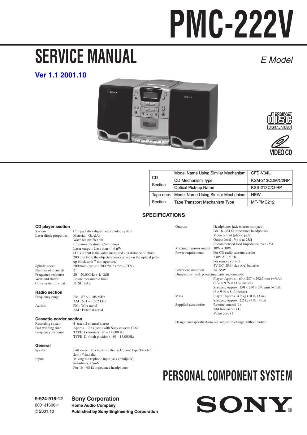 sony pmc 222 v service manual