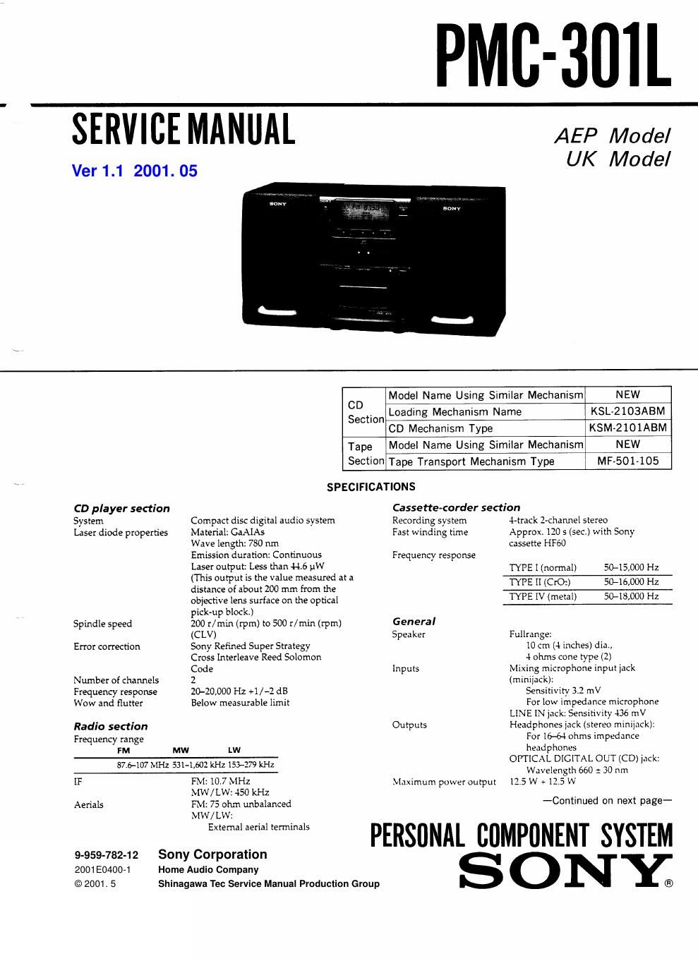 sony pmc 301 l service manual