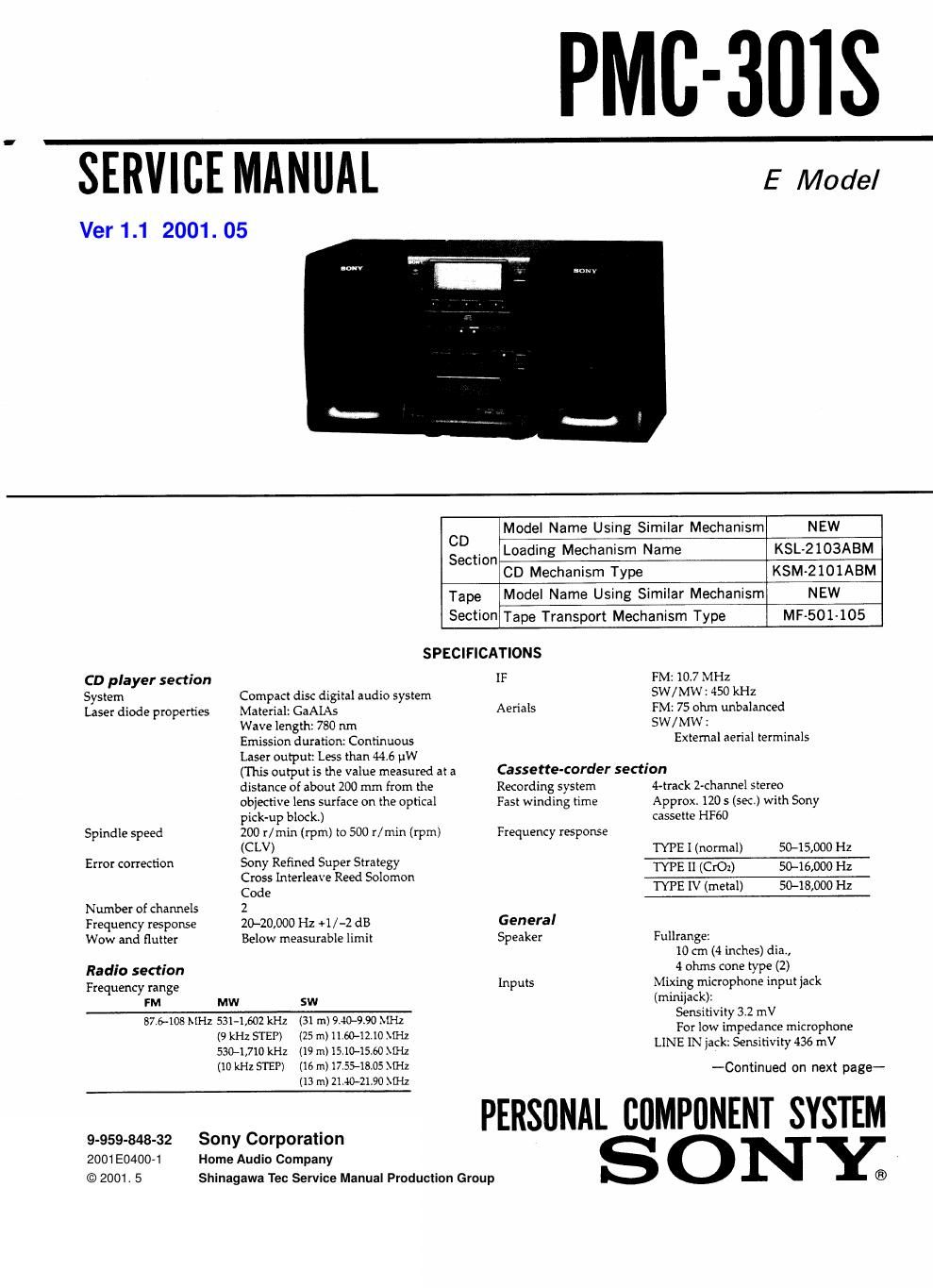 sony pmc 301 s service manual