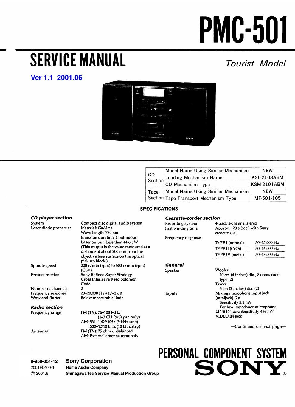 sony pmc 501 service manual