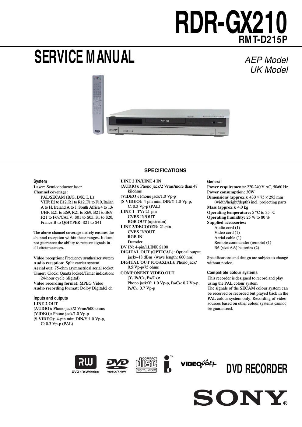 sony rdr gx 210 service manual