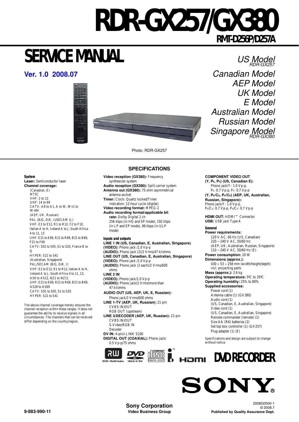 sony rdr gx 257 service manual