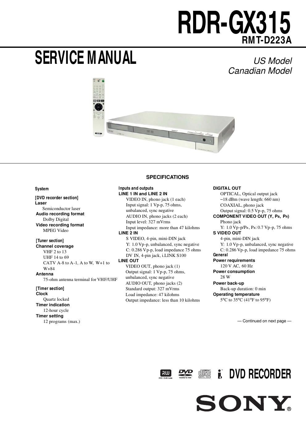 sony rdr gx 315 service manual