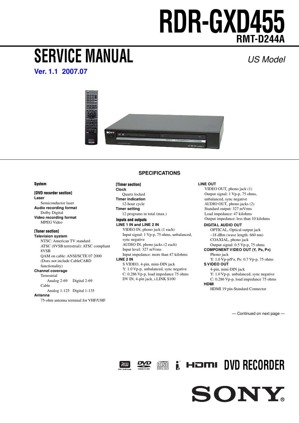 sony rdr gxd 455 service manual