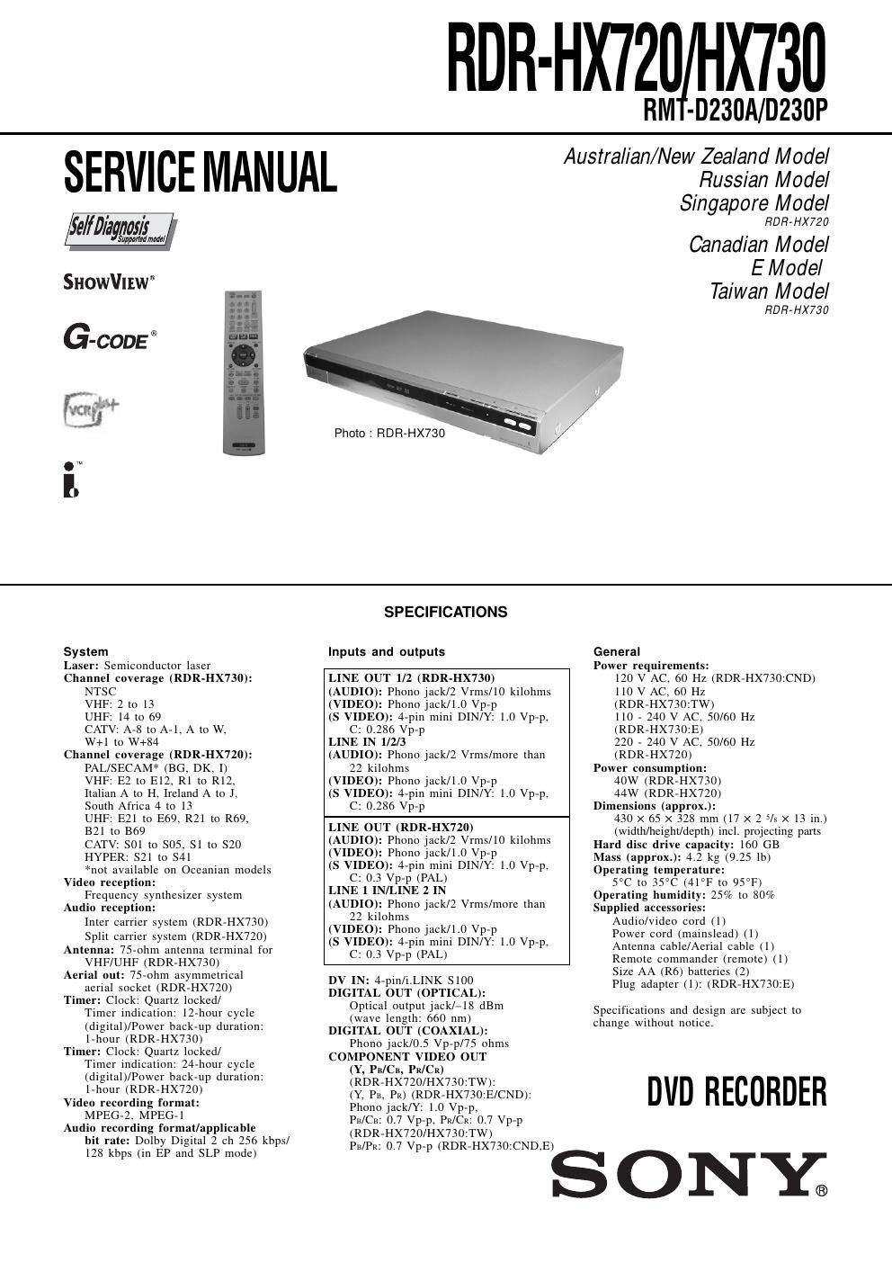 sony rdr hx 720 service manual