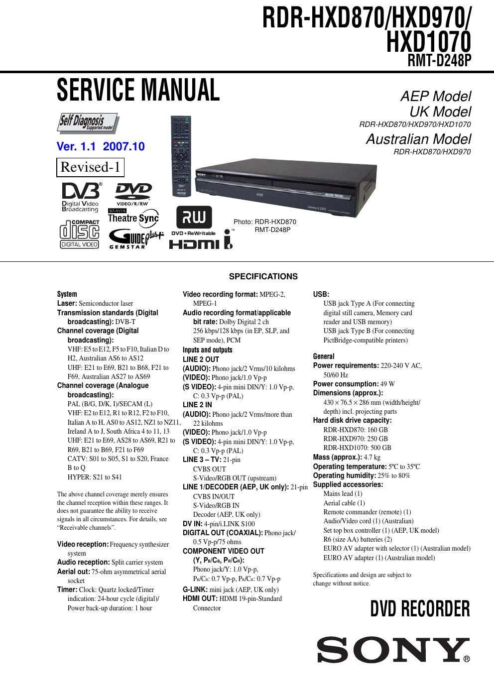 sony rdr hxd 870 service manual