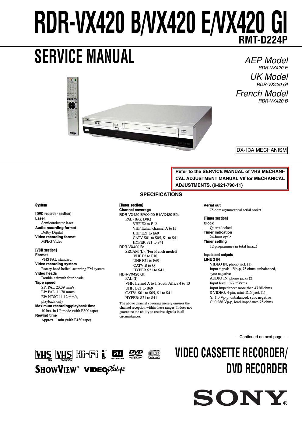 sony rdr vx 420 service manual