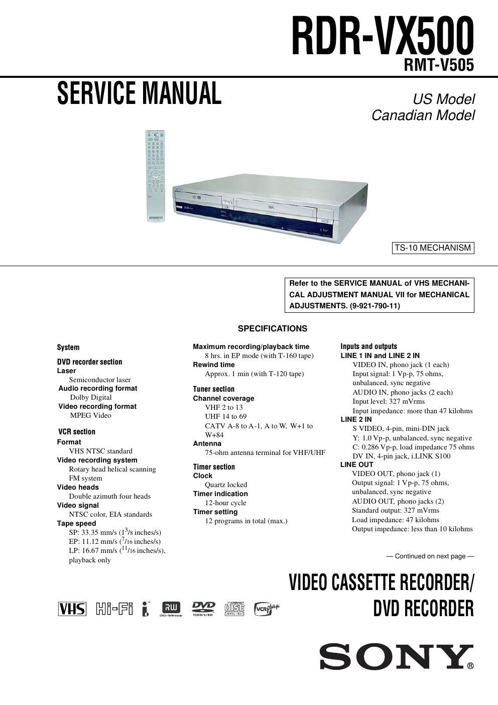 sony rdr vx 500 service manual