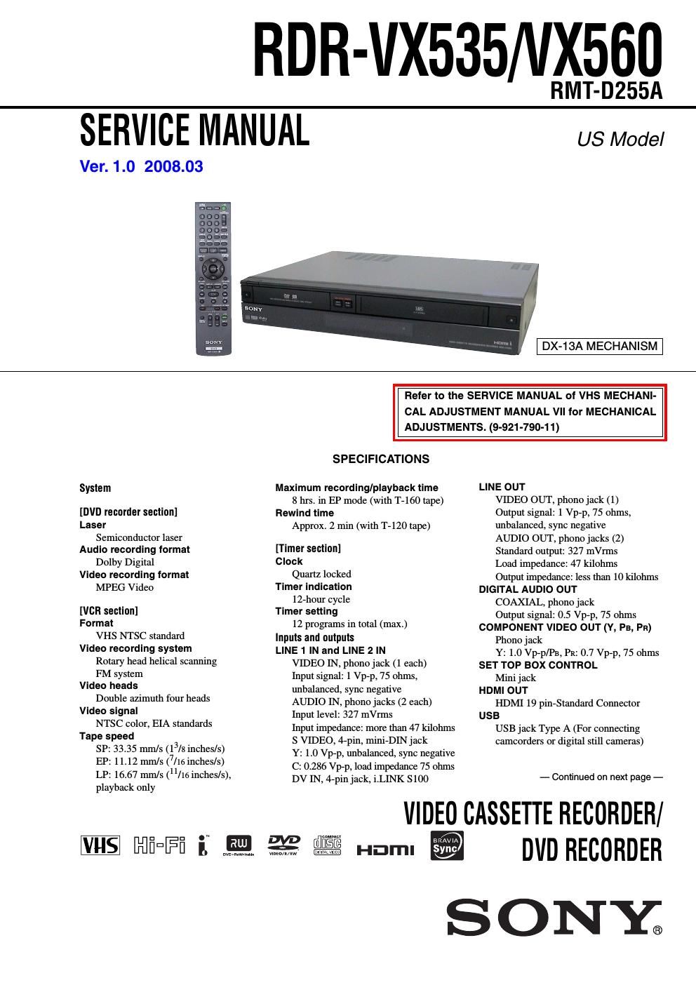 sony rdr vx 535 service manual