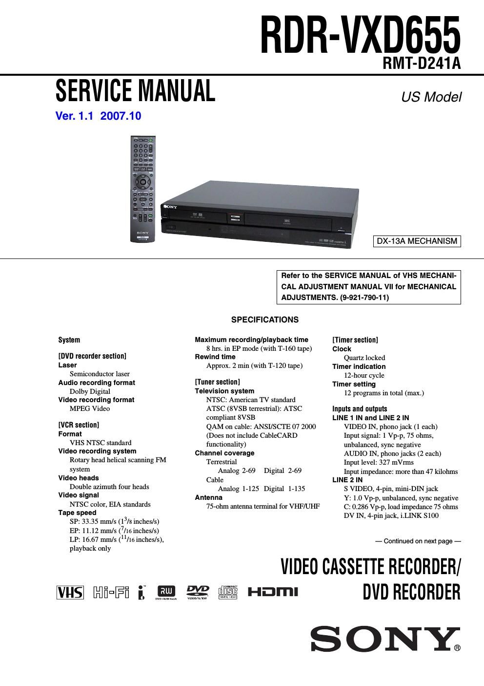 sony rdr vxd 655 service manual